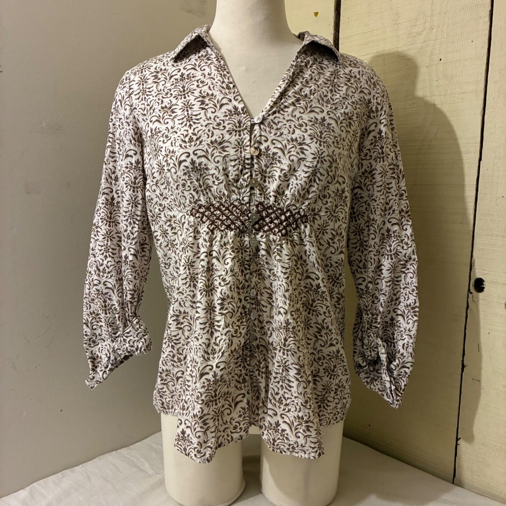 Aventura Womens Size Medium Brown Floral Organic Cotton Smocked Waist Button Top